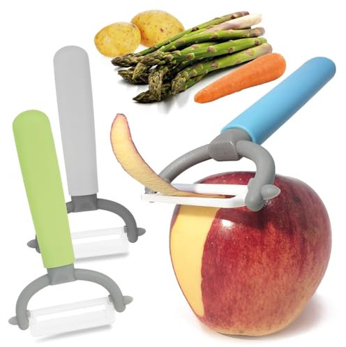 COM-FOUR® Pelador 3x con Hoja de cerámica para Frutas y Verduras - pelador Universal Especialmente Afilado - pelador Inoxidable - pelador con Hoja pendular de cerámica (3 piezas - verde. azul. gris)