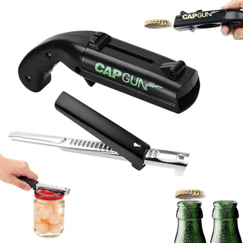 2 Pieces Adjustable Metal Jar Openers, Black Stainless Steel Lid Openers, Funny Cap Gun Bottle Shooter Openers, Multifunctional Can Bottle Opener, Launcher Beer Jar Opener for Home Party Bar Game