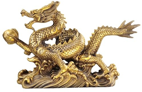Lmzzdld Messing Chinesischer Feng Shui Drachen Statue Goldener Drache Skulptur Ornamente für Reichtum und Erfolg Gute Glücksbringer Gifts