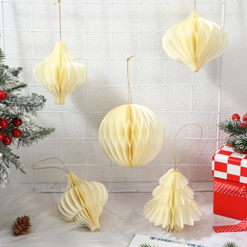 Namalu 12 Pcs Honeycomb Ornaments Balls Glitter Edge Christmas Tree Decorations Xmas Hanging Paper Ornament for Vintage Christmas Tree Holiday Home Party Decor(White)