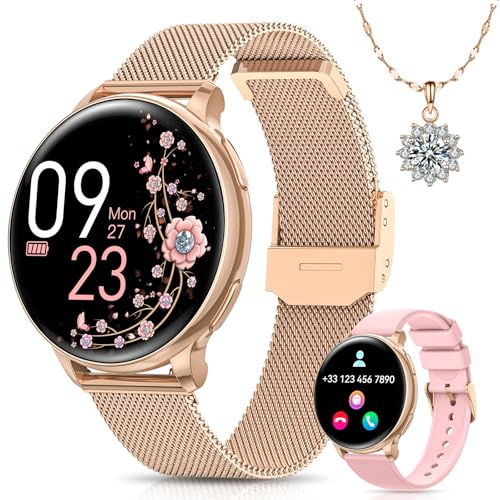 BANLVS Smartwatch Damen mit Telefonfunktion, 1.27“ HD Uhren Damen mit 110 Sportmodi, Pulsmesser, Schlafmonitor, Menstruationszyklus, SpO2 und BMI, IP68 Wasserdicht Smartwatch für Android iOS, Gold