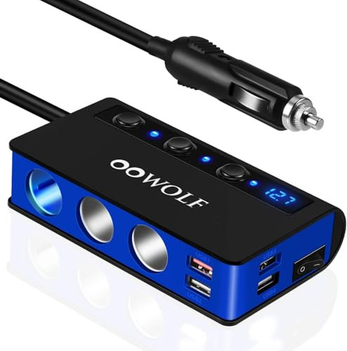 OOWOLF Distribuidor de Encendedor de Cigarrillos – QC 3.0 Auto 3 Tomas 180 W 12 V/24 V Coche Distribuidor Enchufe con voltímetro Interruptor para GPS Dash CAM teléfono Tablet
