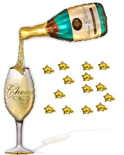 Party Decoration for Special Events Giant Inflatable Champagne Bottle and Glass. Gold Star Balloons. Bachelor Parties, Birthdays, Anniversaries, Celebrations