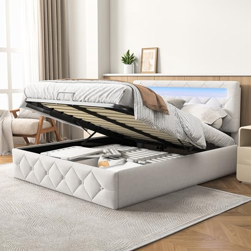 KeepGoon Doppelbett 140 x 200 cm,Polsterbett,Luftdruckbett mit Stauraumfunktion,Kopfteil mit Lichtleiste,Stauraumbett, Samt,Jugendbett hydraulisches Funktionsbett,Verstellbares Kopfteil，Aprikose