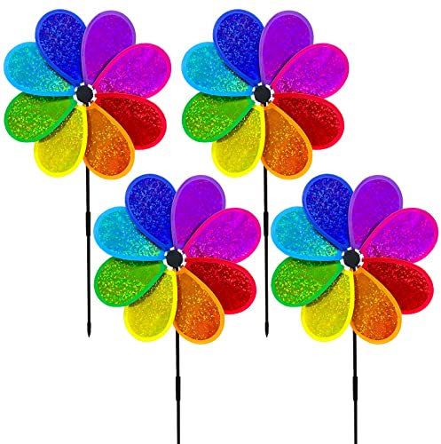 LUKDUNG 4 scacciapensieri a forma di fiore, 30 cm, arcobaleno, Sparkly, mulino a vento per prato, girandola, cortile, giardino, terrazza, balcone, decorazione da giardino