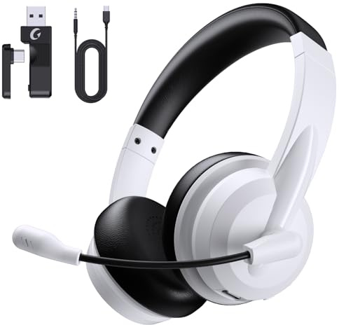 syndesmos Wireless Headset with Microphone, Adjustable Headband PC Headset, Multipoint Connect, bluetooth headphones V5.3 for Phone, Tablet, Call Center, Office, Meeting, Class, Business (White)