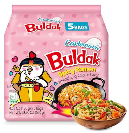 FERRIS | Buldak Spicy Hot Chicken Ramen Noodles - Limited Edition Fried Korean Carbonara Buldak Noodles Carbo Flavour Spicy & Creamy – Stir Fry/Chicken Noodle Soup – Pack of 5 (130g)