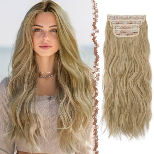 FESHFEN Clip in Extensions, 50cm 4 Stücke Lange Gewellte Hair Extensions Kunsthaar Natürliche 4PCs Synthetik Clip in Haarverlängerung für Frauen, Gemischtes Blond