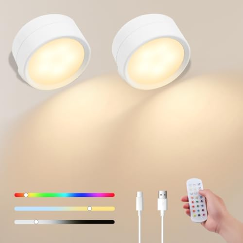 LED Wandleuchte Innen, 2 Stück Wandlampe Kabellos mit Fernbedienung, 15 Farbmodi Dimmbare LED Wandleuchte Innen Akku, 360 ° Rotatable Touch Control Leuchten für Kinder Wohnzimmer Schlafzimmer