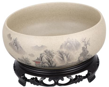HEMOTON Ceramic Plant Pot with Plastic Base Chinese Style Decorative | Hydroponic Vase, round Planter for Home and Office, Porcelain Finish, Bonsai Pot with Base