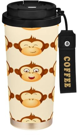 JUMBEAR Taza de viaje aislada al vacío con caras de mono de dibujos animados, tazas de café reutilizables de viaje, taza de café de acero inoxidable de doble pared a prueba de fugas con tapa para