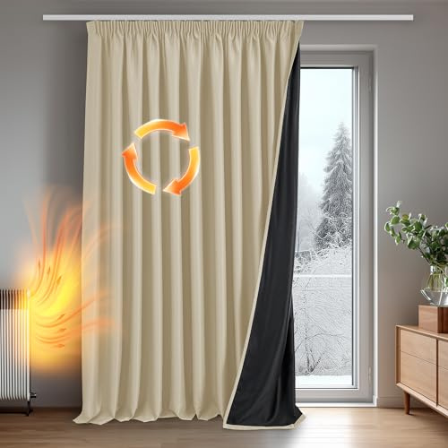 Deconovo Tende per Interni Oscuranti 100% con Retro Nero Completo, Tende Termiche Isolanti con Fettuccia per Camera da Letto e Soggiorno Moderne, 1 Pannelli, 300x220 cm, Beige Chiaro