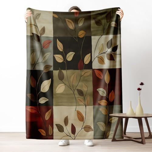 Dpvbffx Plaid Lit Géométrique Patchwork 2 Personnes, Jeté de Canapé Feuilles Botanique Vintage Ferme, Couverture Polaire 150x220 cm, Couverture en Flanelle Chaude pour Printemps Été Automne Hive