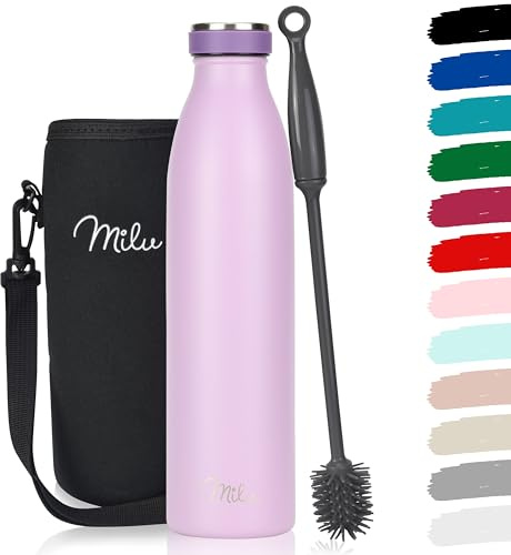 Milu Edelstahl Trinkflasche 350ml, 500ml, 750ml, 1L, 1,5L – Thermosflasche für Kinder Erwachsene auslaufsicher Isolierflasche Kohlensäure geeignet– inkl. Reinigungsbürste (Lilac, 750ml)