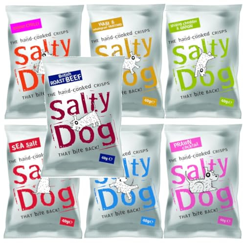 Salty Dog Variety Multipack Crisps Box 28 x 40g, 7 Flavours | 7 Flavours Cheddar & Onion, Sea Salt, Salt & Vinegar, Sweet Chilli, Prawn Cocktail, Ham & Mustard, Roast Beef