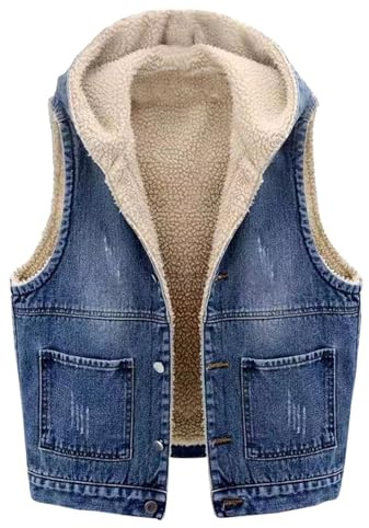 Keepink Denim Waistcoats for Women Winter Hooded Vest Jean Jackets Sherpa Fleece Snug Lined Sleeveless Padded Gilet Cropped Hoodies Bodywarmer Cosy Casual Outerwear Warm Coats Plus Size S-3XL