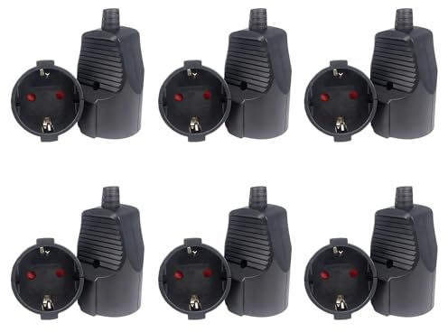 6 Stück 16A Schuko Kupplung: WIYETY Schuko Stecker Aussenbereich Rundstecke 16A mit Knickschutz, Verbindung Schukostecker Kupplung 250V, IP44 Schukostecker Abdichtung für Außenbereich, Schwarz