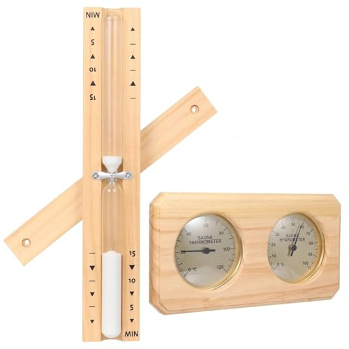 COSYOO Lot de 2 thermomètres-hygromètres pour sauna avec minuterie de sable de 15 minutes, double jauge Fahrenheit et Celsius d'humidité de température, support mural en bois pour sauna infrarouge