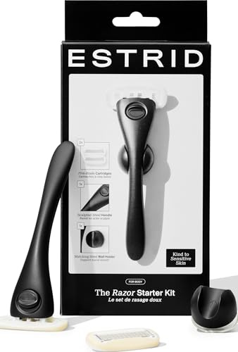 Estrid Rakapparat startset, rakapparat set med 5 blad för kvinnor, veganska fuktremsor, 2 reservblad, väggfäste (Onyx)