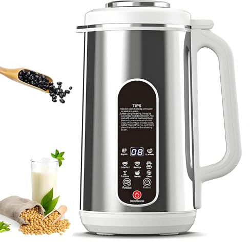 Máquina Para Hacer Leche de Nueces de Acero Inoxidable, Máquina Para Leche de Soja y Leche Vegetal de 1,2 L con Cortador de 12 Cuchillas, Temporizador de 24 Horas, Función de Mantener Caliente