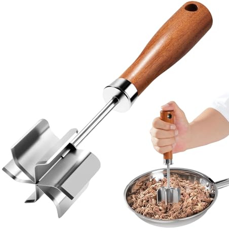 Utensile Tritacarne per Carne Macinata - Schiacciapatate con Manico in Legno - Schiaccia Cibo Antiaderante - per Cucina Casa Carne Verdura Patate Pollo Manzo