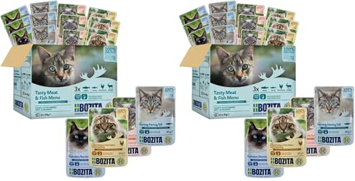 Bozita Nassfutter Häppchen in Sauce mit Fisch und Fleisch - 12x85g Portionsbeutel getreidefreies & weizenfreies Futter - Katzennassfutter für Erwachsene Katzen mit 8,5% Protein & 4,5% Fettgehalt
