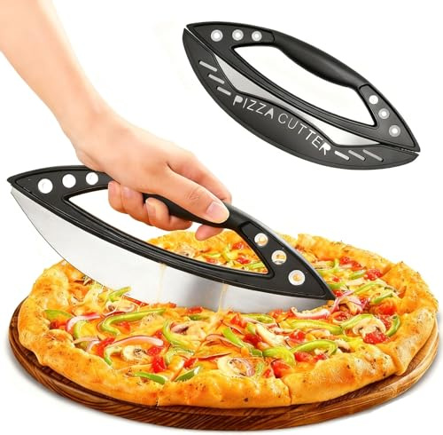 TENGWA Pizzaskärare, 29,6 cm, rostfritt stål, pizzarulle, med skyddskåpa, vägningskniv, örter, självhäftande beläggning med 6 örttehål, maskintvättbar, lämplig för bakverk och grönsaker