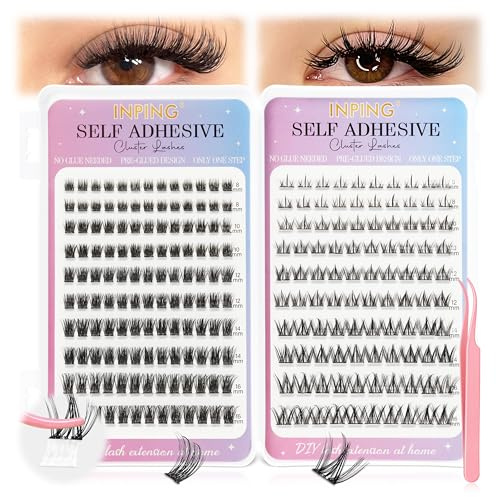 INPING Självhäftande, falska ögonfransar, 2 stilar förlängningssats Wispy Fluffy Lashes, löstagbara falska ögonfransar tryck på vec DIY nybörjare ögonfransklämma hemma utan lim, 8–16 mm