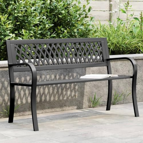 Tonture Gartenbank Schwarz Stahl 120 cm mit Rückenlehne und Armlehnen, wetterfest und robust für Terrasse Balkon Garten, stabile Metallbank für draußen und Veranda