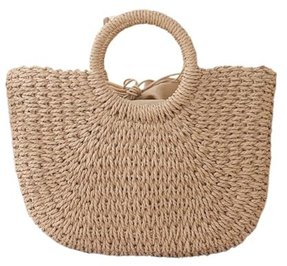 AYWTIUN borsa mare paglia Borsa estiva in paglia a mezzaluna for donna portatile fatta a mano Cestino da spiaggia di grande capacità