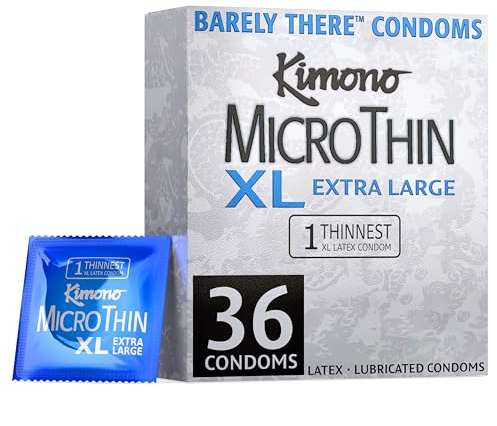 Kimono MicroThin XL Pack of 36 - Ultra Thin Lubricated Condoms, Natural Latex, Vegan-Friendly, No Latex Odor, Extra Thin, Widest-Base - Enhanced Sensitivity