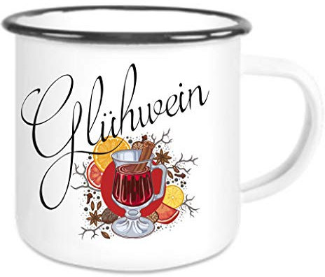 Crealuxe Emaille Tasse Glühwein - Kaffeetasse mit Motiv, Campingtasse, bedruckte Emailletasse mit Wunschtext