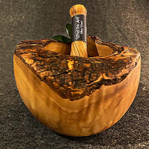 What the Art!® Olive Wood «Le Mortier» Gr. L | Olivenholz Mörser inkl. Stößel | Handarbeit | ca. Ø 14 x ↑ 8-10 cm | Gewürzmörser - Kräutermörser - Küchenmörser - Stampfer - Mortar