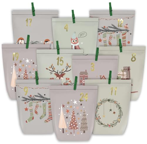 KOHMUI Adventskalender zum Befüllen, 24 Weihnachtskalender Papiertüten zum Selber Basteln, DIY Geschenktüten Kalender zum selber basteln, Kraftpapiertüten Advents Tüten Selbstbefüllen