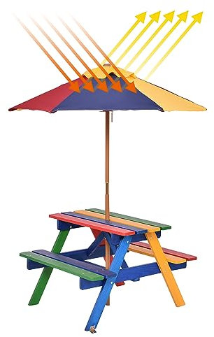 COSTWAY Set con Tavolo Picnic di Legno e Ombrellone per Bambini, Tavolo e Panchina con 4 Posti e Ombrellone Pieghevoli, Tavolino e Sedie Multiuso per Esterno Giardino Cortile (Modello 5)