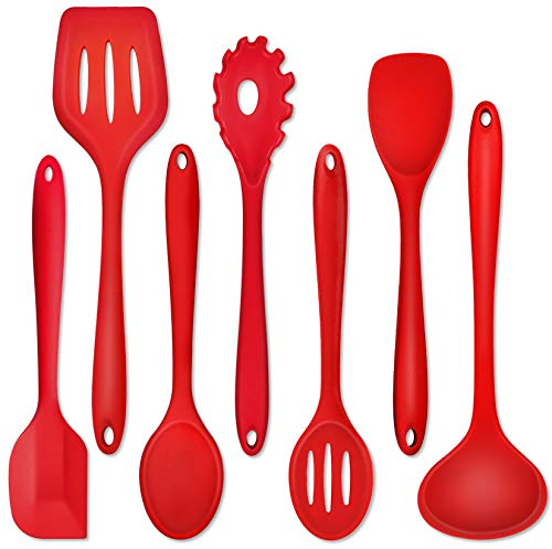 Juego de 7 utensilios de cocina de silicona P&P CHEF, set de utensilios de cocina de color rojo, espátulas antiadherentes para servir utensilios de cocina, espátula ranurada, cucharón de sopa,