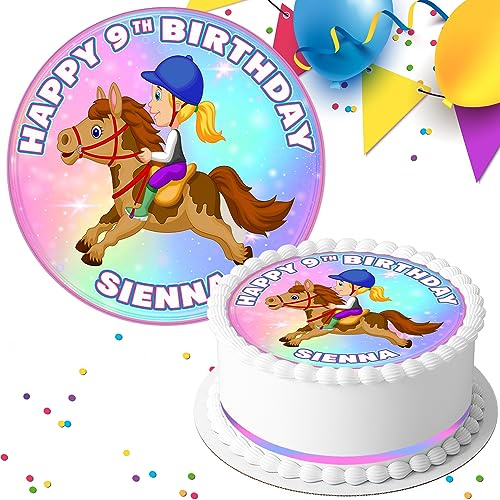 Girl Horse Riding Happy Birthday Personalised 7.5 INCH Edible Icing Cake Topper Decoration PK-263