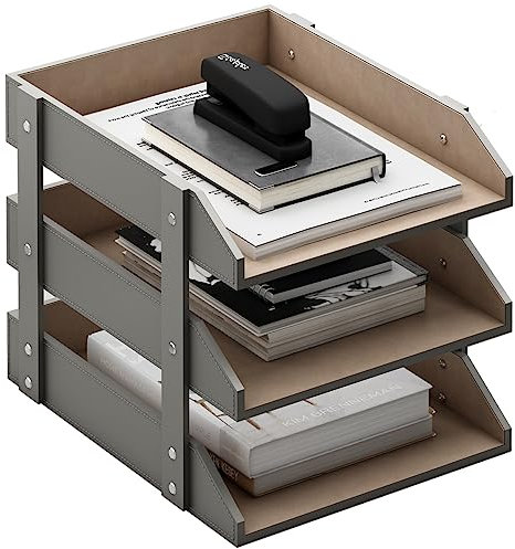 Thipoten Schreibtisch-Organizer, Leder, 3 Ebenen, stapelbar, Briefablage für Bürobedarf, Papier, Akten, Zeitschriften, perfekte Büro-Organisation für den Schreibtisch (grau-3 Ebenen)