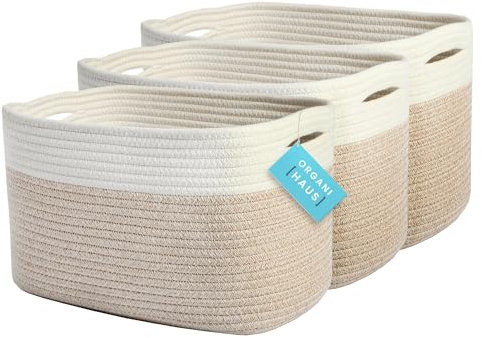 OrganiHaus Aufbewahrungskorb Rechteckig Geflochten, Körbe Aufbewahrung Wohnzimmer, Kinderzimmer, Badezimmer, Deko Korb, Faltbar mit Griffen für Decken & Spielzeug – Honig & Cremeweiß, 37x25x22,5 cm