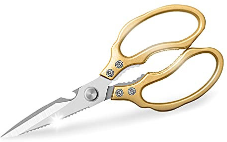 AWinjoy Tijeras de cocina, resistentes y afiladas, aptas para lavavajillas, accesorios de cocina, tijeras de cocina para carne, pollo, pescado, aves de corral, hierbas, pan (dorado)