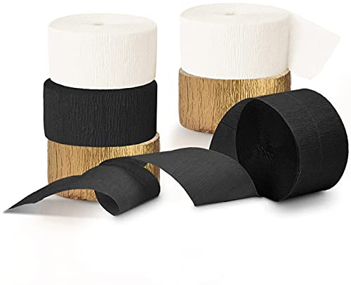 NICROHOME 6 Rolls White Gold Black Crepe Paper 82ft Long Party Streamers for Wedding Engagement Birthday Bachelorette Party Supplies Graduation Anniversary Bride/Baby Shower New Year Black Gold Party