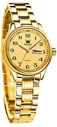 OLEVS Damenuhr Analoge Leicht zu lesen Armbanduhr mit Kleines Gesicht Gold Edelstahlband wasserdichte Day Date Uhr