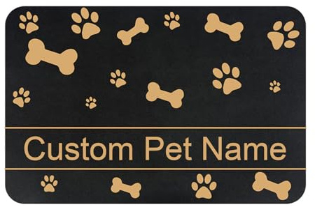 Personalisierte Futtermatte für Hunde und Katzen – Rutschfest & Einfach zu Reinigen – Futternapf-Unterlage für Haustiere – Große Fressnapf-Matte für Hund und Katze(goldene Knochen- und Pfotenabdrücke)