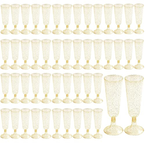 CYH 50Kunststoff Sektgläser Set Wiederverwendbare - 150ml Goldglitter Champagnergläser Plastik Sektgläser für Picknick Hochzeiten Geburtstage Partys (Goldglitter), (CYH214)