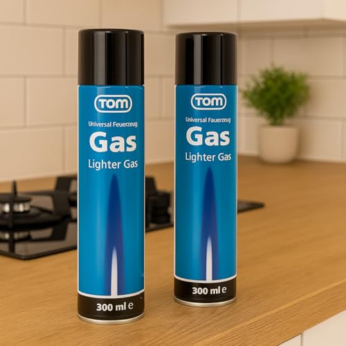TOM 2 x Feuerzeuggas 300 ml Kartusche zum nachfüllen für Feuerzeug, Flambierbrenner, Sturmfeuerzeug, Stabfeuerzeug & Co. – mit 6 x Adapter – Lighter Gas –Nachfüllgas Blau