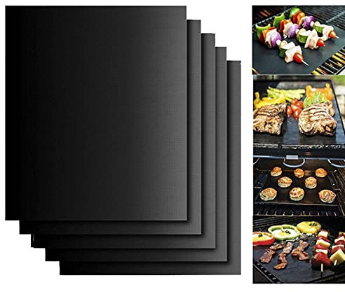 Liekadijiae Grillmatten, 5er Set 40x33cm, PTFE-Konstruktion, Schwarz, Rechteckig, Antihaftbeschichtung, Wiederverwendbar, für Holzkohle und Gasgrill, Ideal zum Grillen von Fleisch, Fisch und Gemüse