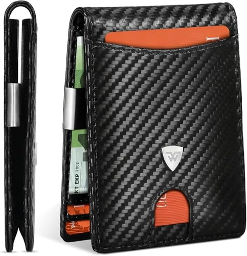 WONSEFOO Wallets Mens Slim RFID Blocking Carbon Fiber for Men UK with up to 12 Credit Card Slots, Strong Money Clip, Minimalist Bi-Fold Gift Box - Black, 11.5 x 8.5 x 1.5 cm