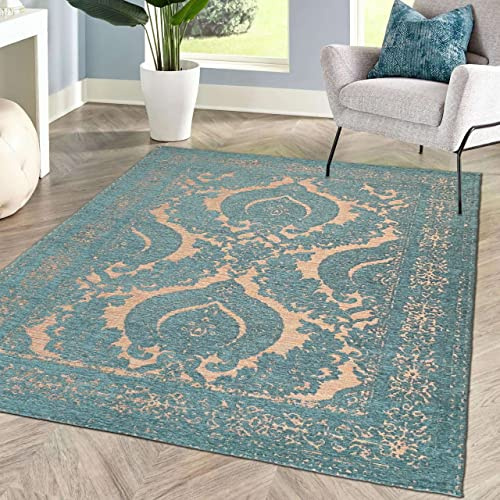 CARPETIA Teppich Wohnzimmer Orientialisches Muster Ornamente Pflegeleicht Schmutzabweisend | Petrol Gold, 120 x 170 cm