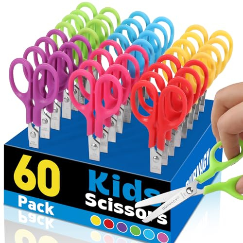 BURVAGY 60Pack 5 Small School Student Blunt Craft Kids Scissors, Sharp Stainless Steel Blades Safety Comfort Grip Scissors for Kids Children Cutting Paper, 5Inch