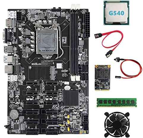 Tweovnai B75 12 PCIE ETH Mining Carte MèRe + G540 CPU + DDR3 4 Go 1600 MHz RAM + 128 Go SSD + Ventilateur + Câble SATA + Switch Cable Miner Carte MèRe